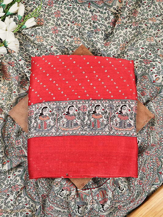 Red Maheshwari Silk Suit Set with Bandhani Print