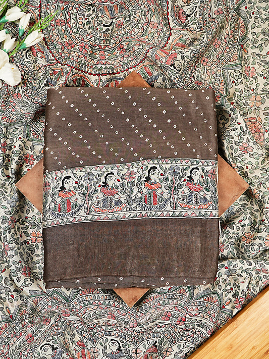 Brown Maheshwari Silk Suit Set with Bandhani Print