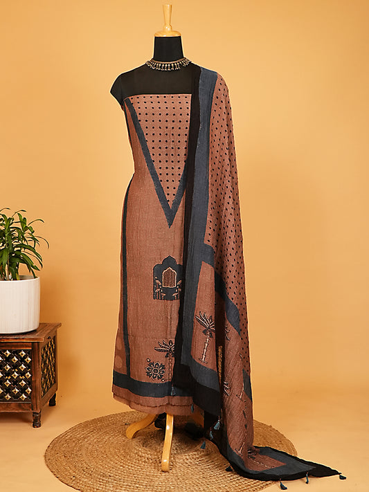 Warm Brown & Charcoal Polka Motif Crushed Linen Silk 2Pc Suit Set