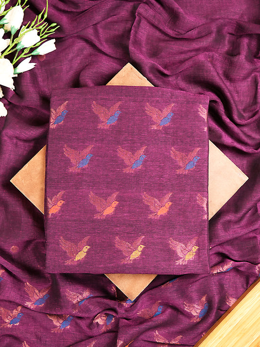 Purple Jayshree Linen Jamdani Suit with Multicolour Bird Motifs