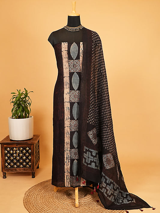 Charcoal Geometric Organic Ajrakh Crushed Linen Silk 2-Pc Suit Set