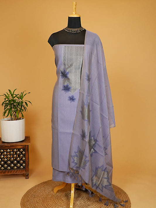 Lavender Lilac Chanderi Silk Jamdani Suit Set with Silver Zari