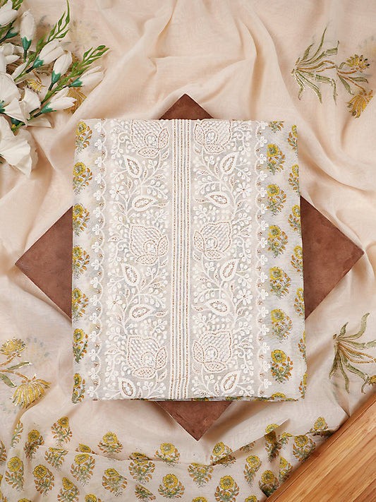 White & Green Chanderi Silk Chikankari Suit Set
