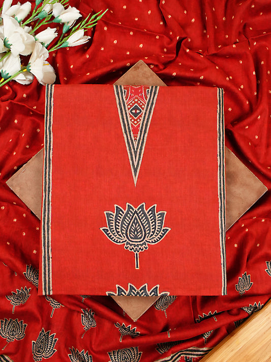 Red Soft Cotton Silk Lotus Print Suit Set
