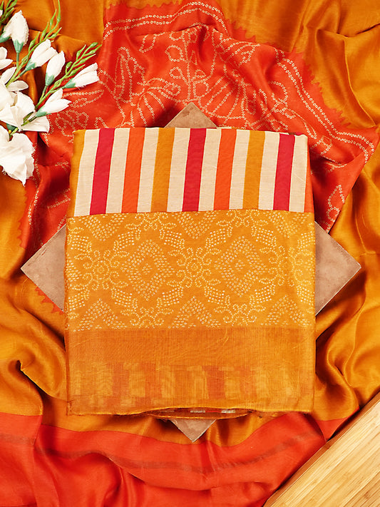 Orange & Red Striped Maheshwari Silk Bandhej Suit Set