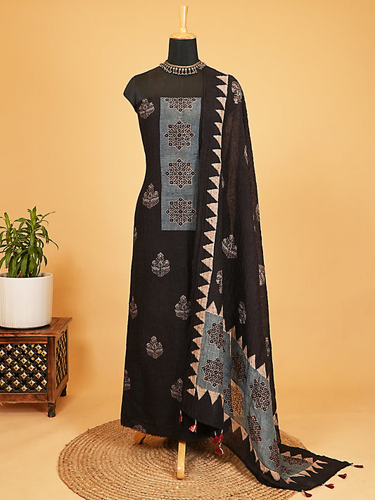 Classic Black Organic Ajrakh Crushed Linen Silk 2-Pc Suit Set