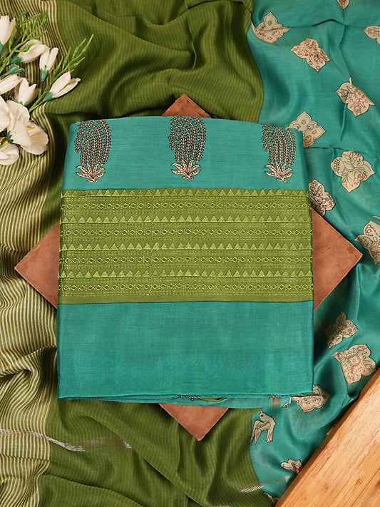 Firozi Printed Maheshwari Silk Suit Set with Green Dupatta