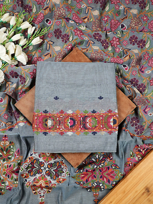 Grey Chanderi Silk Suit Set with Multicolour Jamdani Weaving