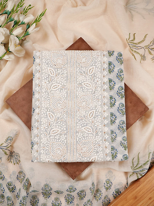 White & Blue Chanderi Silk Chikankari Suit Set