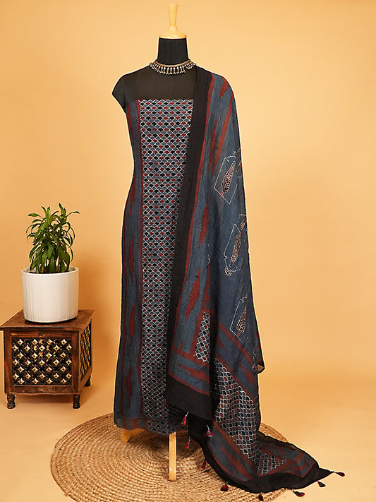 Indigo Scallop Organic Ajrakh Crushed Linen Silk 2-Pc Suit Set