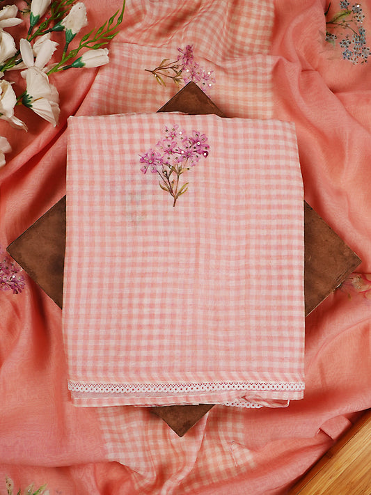 Light Pink Gingham Mul Chanderi Floral Suit Set