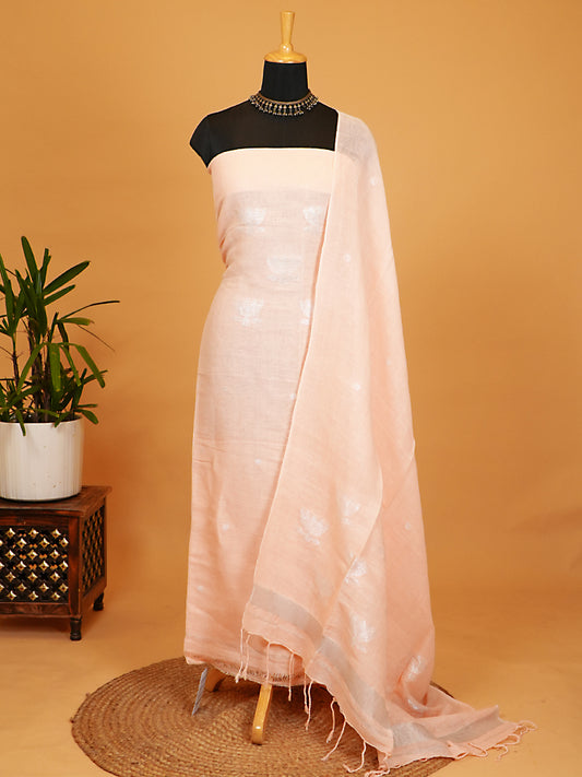 Soft Peach Jayshree Linen Silver Jamdani 2-Piece Suit Set