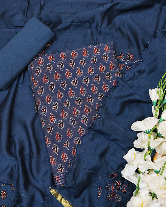 Blue Handblock Print Maheshwari Silk Suit Set