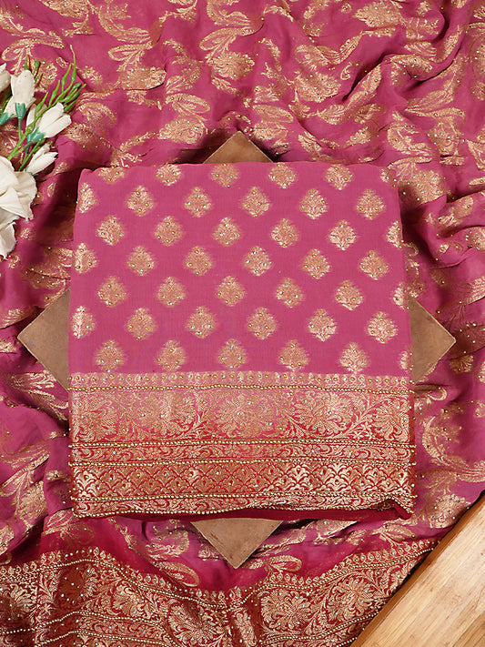 Mauve Pink & Deep Red Pure Khaddi Georgette Banarasi Suit Set