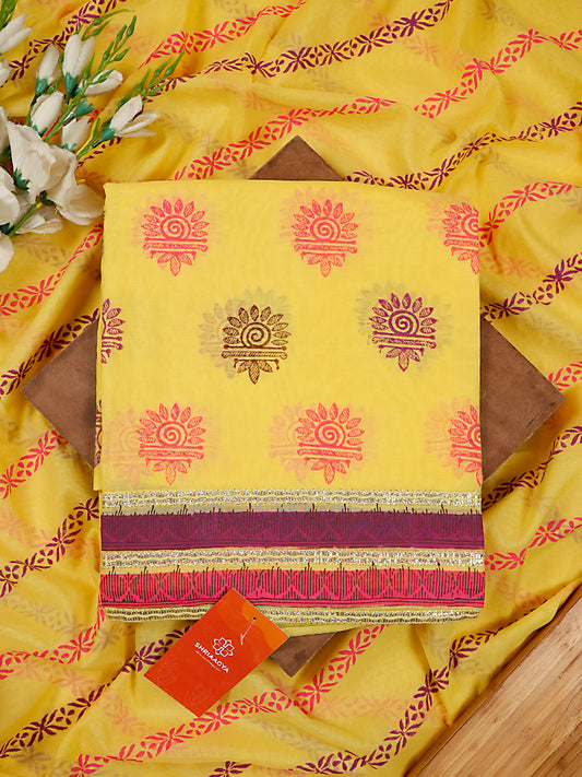 Sunshine Yellow Chanderi Silk Block Printed Suit Set with Gota Patti Highlights