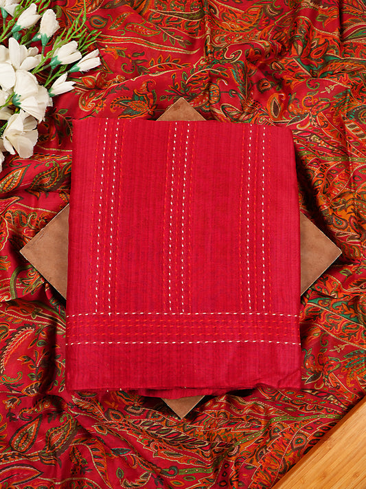 Red Maheshwari Silk Kantha Stitch Suit Set