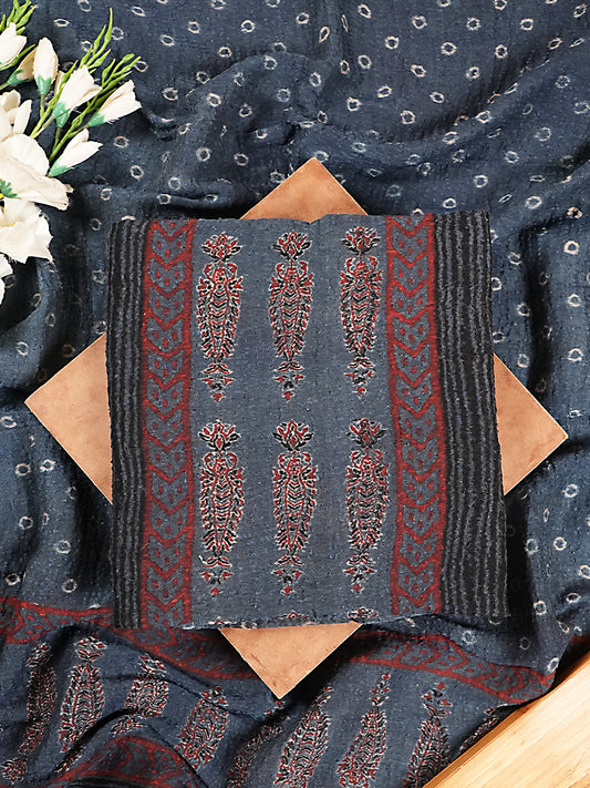 Deep Indigo & Maroon Organic Ajrakh Crushed Linen Silk 2-Pc Suit Set