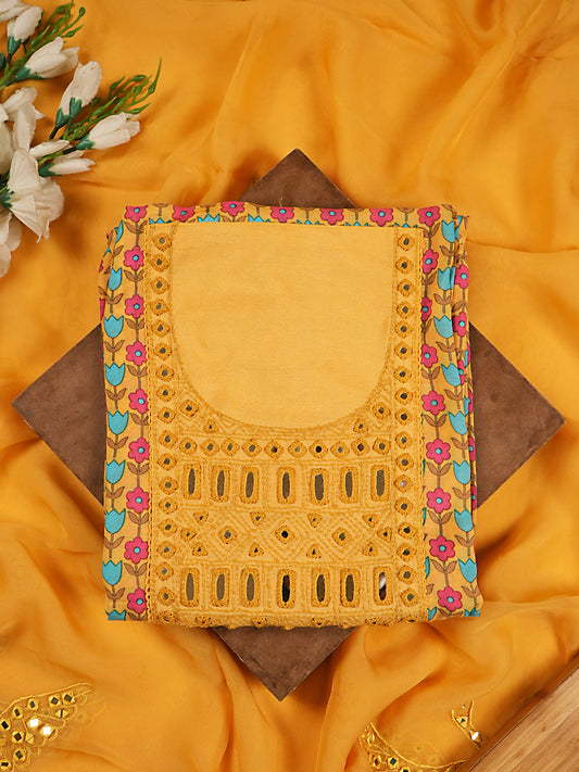 Sunshine Yellow Floral Muslin Silk Suit with Mirror Work On Yoke