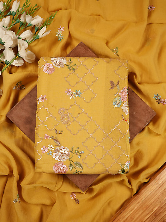 Mustard Pure Mul Chanderi Floral Suit Set