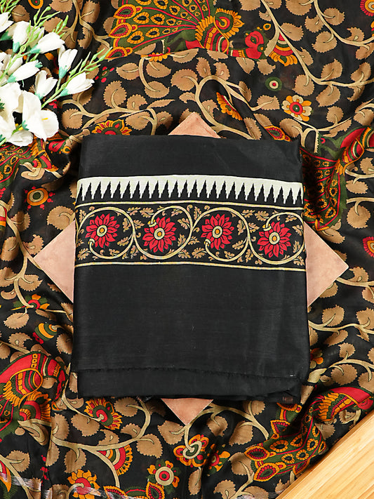 Jet Black Maheshwari Silk Suit with Artistic Dupatta