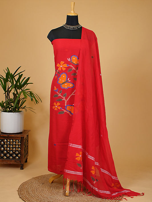 Red Handloom Cotton Jamdani Weaving 2-Piece Suit Set