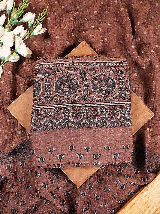 Earthy Brown Organic Ajrakh Crushed Linen Silk 2-Pc Suit Set