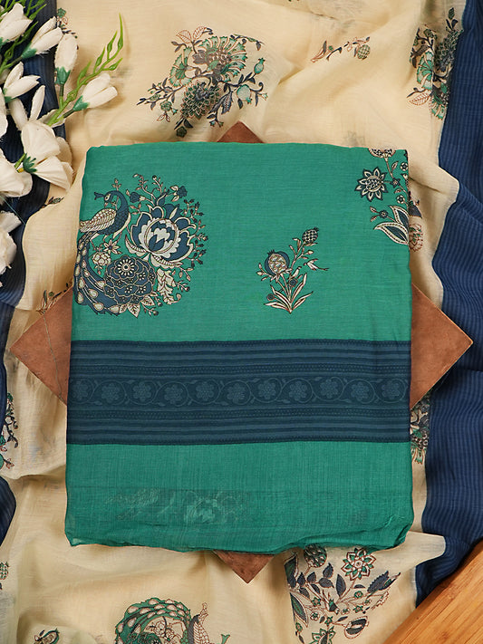 Emerald Green & Navy Printed Mul Chanderi Suit Set