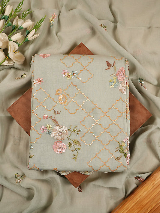 Mint Green Pure Mul Chanderi Floral Suit Set