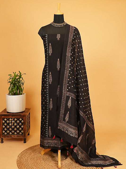 Classic Black Tree Motif Organic Ajrakh Crushed Linen Silk 2-PcSuit Set