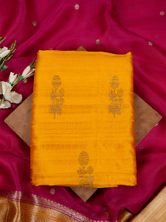 Yellow Pure Raw Silk Kadwa Banarasi Suit Set with Magenta Kora Silk Dupatta