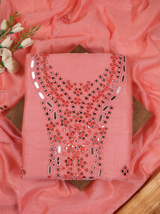 Soft Coral Pink Chanderi Silk Mirror Work Suit Set