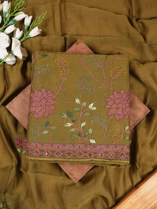 Olive Green Floral Embroidered Mul Chanderi Suit Set