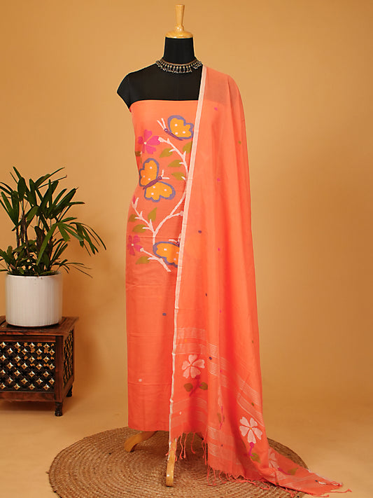 Peach Handloom Cotton Jamdani Weaving 2 Pc Suit Set