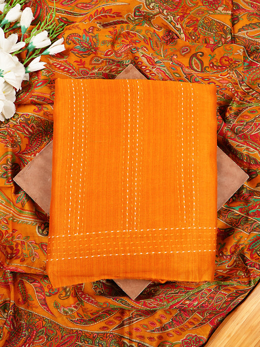 Mustard Maheshwari Silk Kantha Stitch Suit Set