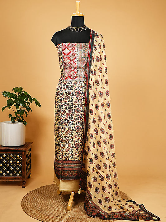 Beige & Red Floral Pure Chinnon Block Print Suit Set