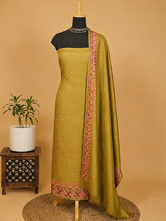 Green Pure Tussar Silk Suit Set with Multicolour Aari Work