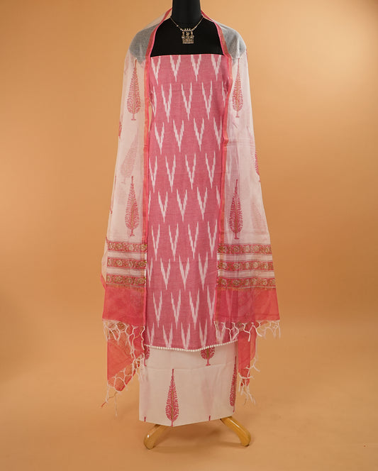 Ikat Print Pink Handloom Cotton Suit Set