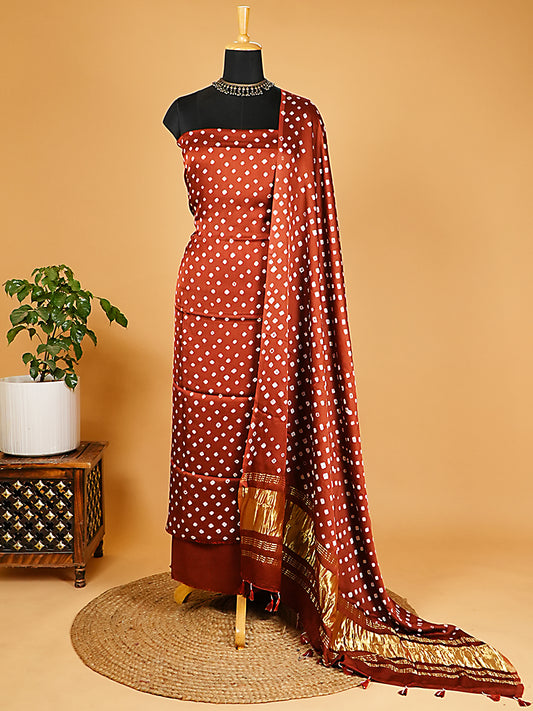 Brown Modal Silk Bandhej Suit Set