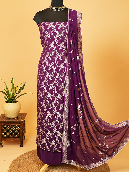 Dark Wine Banarasi Khaddi Georgette Suit Set