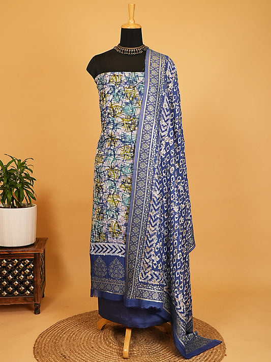 Deep Blue Batik Print Pure Linen Silk Suit Set with Silver Zari