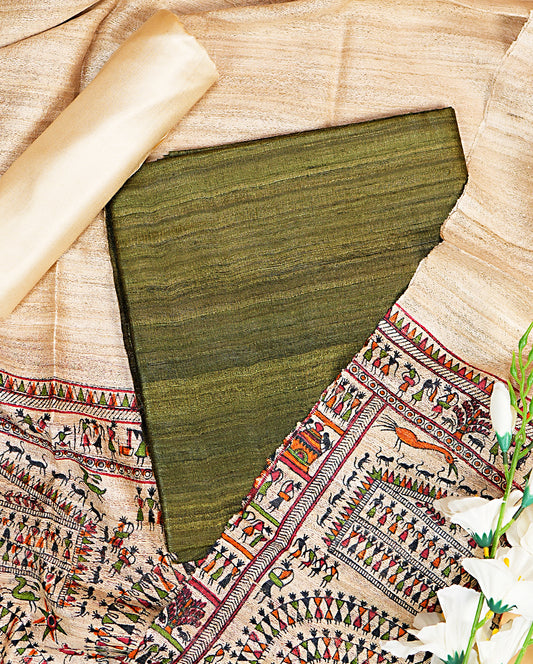 Olive Green Pure Tussar-Ghicha Suit Set