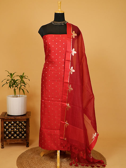 Crimson Red Pure Katan Silk Banarasi Booti Suit Set
