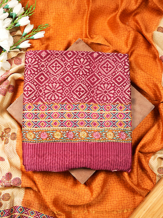 Dark Magenta Maheshwari Silk Suit with Multicolour Floral Border