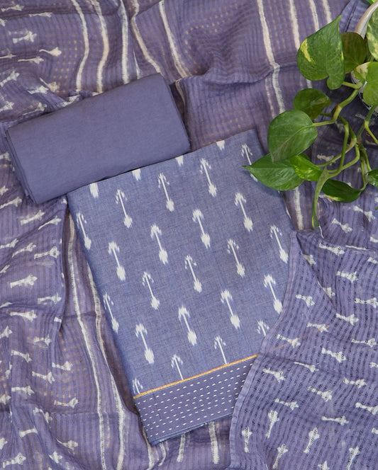 Bluish Purple Handloom Cotton Ikat Print Suit Set