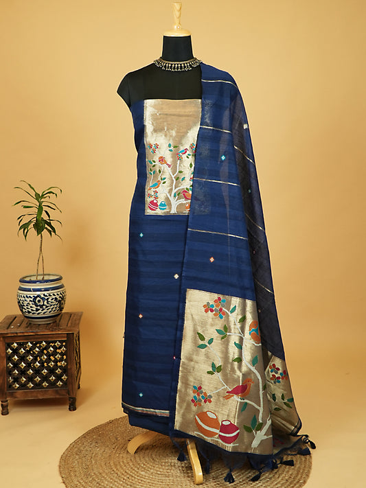 Dark Blue Chanderi Silk Suit Set with Paithani Weaving