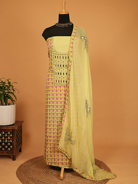 Pastel Green Floral Muslin Silk Suit With Mirror Work On Yoke