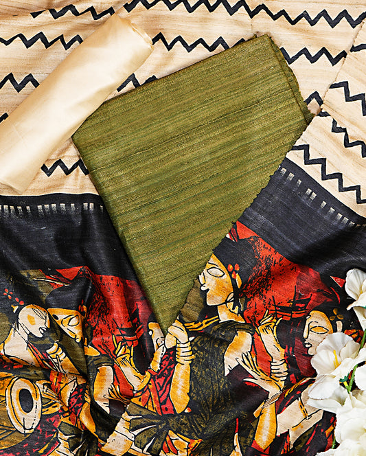 Olive Green Pure Tussar-Ghicha Suit Set