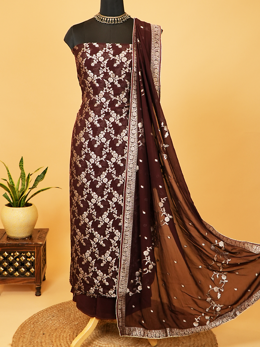 Dark Brown Banarasi Khaddi Georgette Suit Set