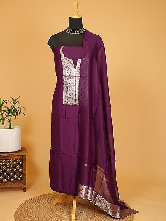 Deep Royal Purple Chiniya Silk Banarasi Woven Suit Set