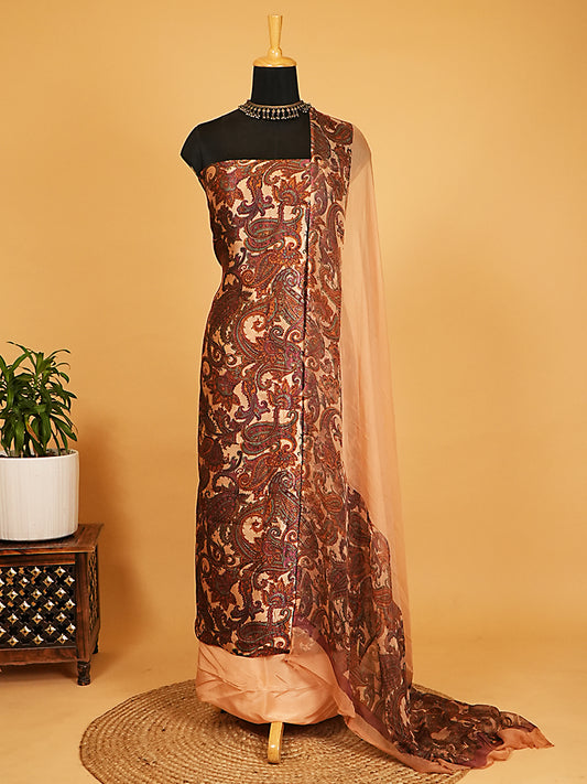Soft Peach & Rust Paisley Printed Dupion Silk Suit Set